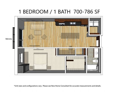 1 BD 1 BA Floor Plan